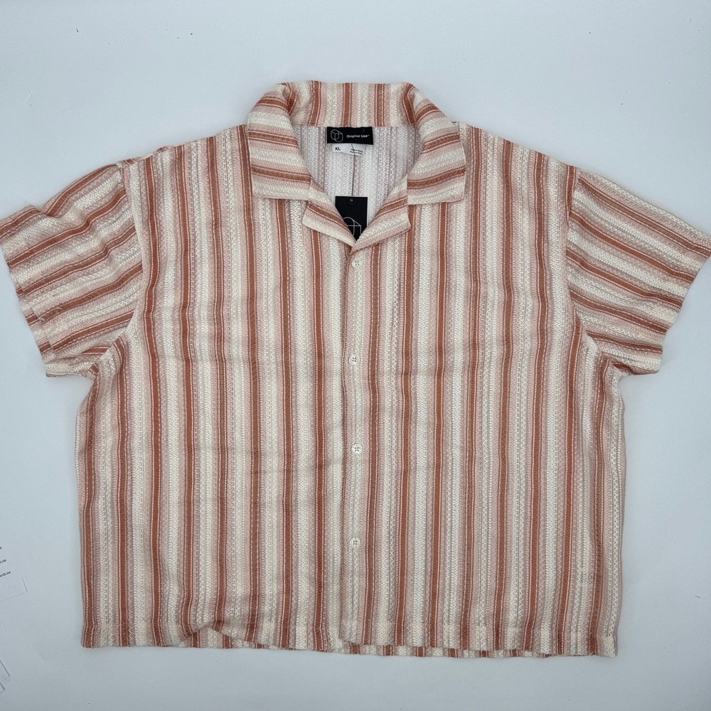 Original Use Crochet Resort Shirt Modern Mens XL Brown White Striped Button Up